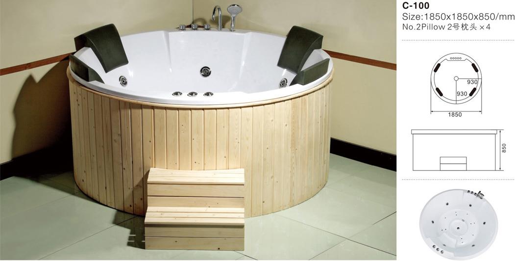 (1) एमईसी -001 - लकड़ी के घेरे के साथ बाहर का दरवाजा गोल एक्रिलिक मालिश बाथटब। जेपीजी